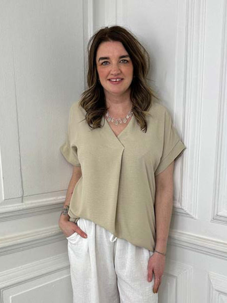 V-Neck Pleat Front Top - Stone
