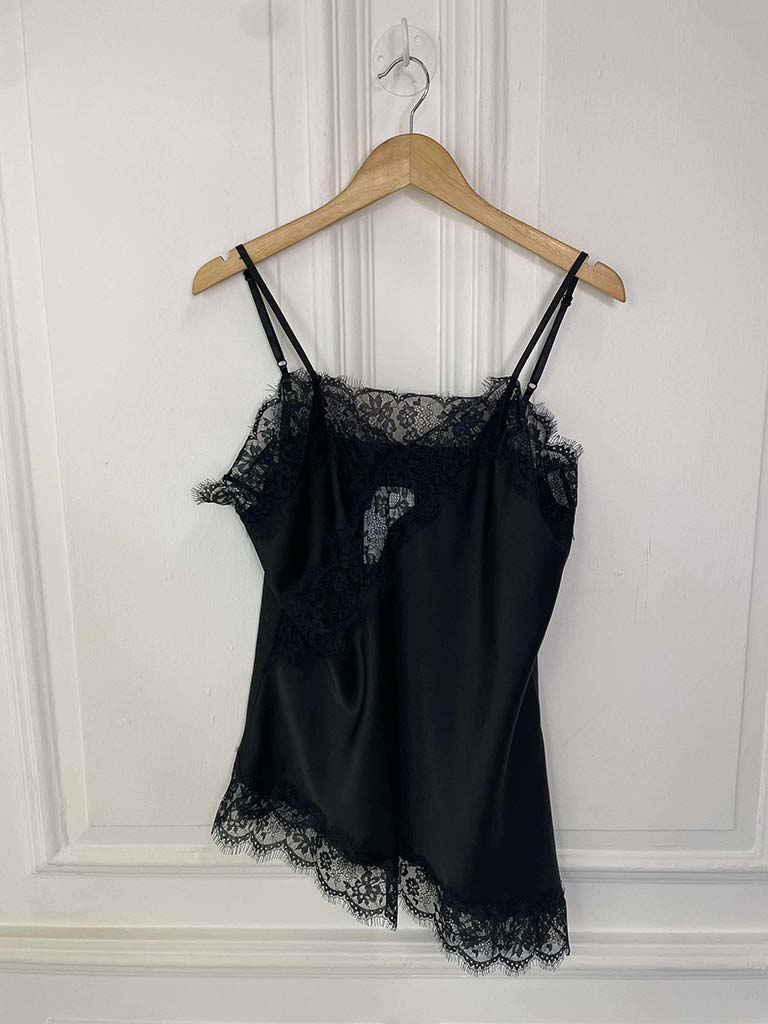 Lace Trim Asymmetric Cami Top - Black