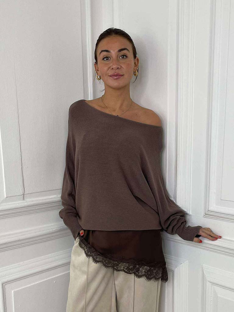 Lace Trim Asymmetric Cami Top - Chocolate