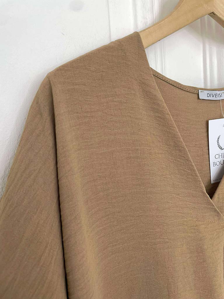 V-Neck Pleat Front Top - Caramel