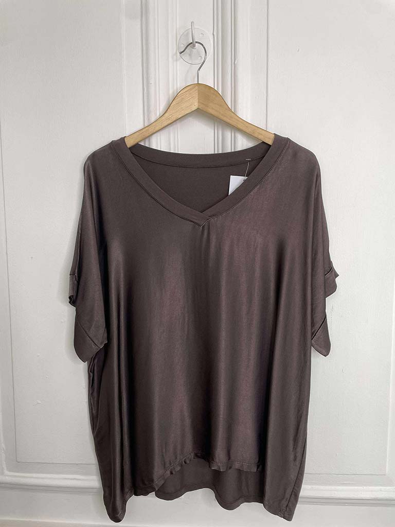 Silk Feel V-Neck Top - Chocolate