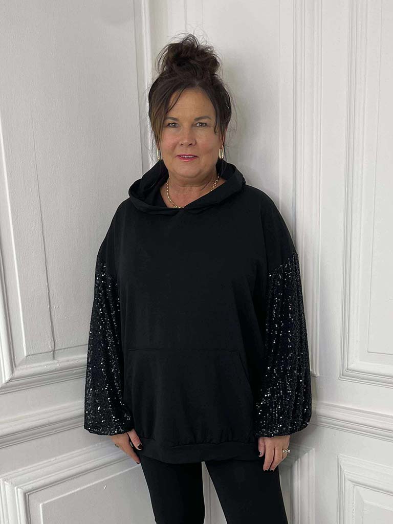 Sequin Sleeve Hoodie - Black