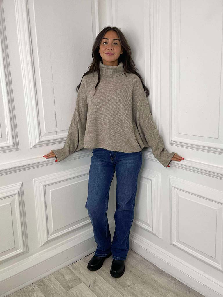 Ribbed Batwing Polo Knit - Biscuit