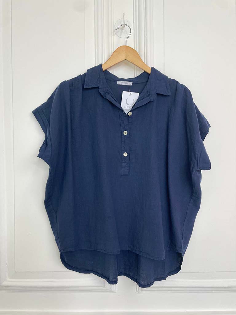 Cotton & Linen Popover Shirt - Navy