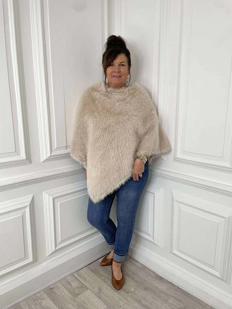 Faux Fur Poncho - Stone