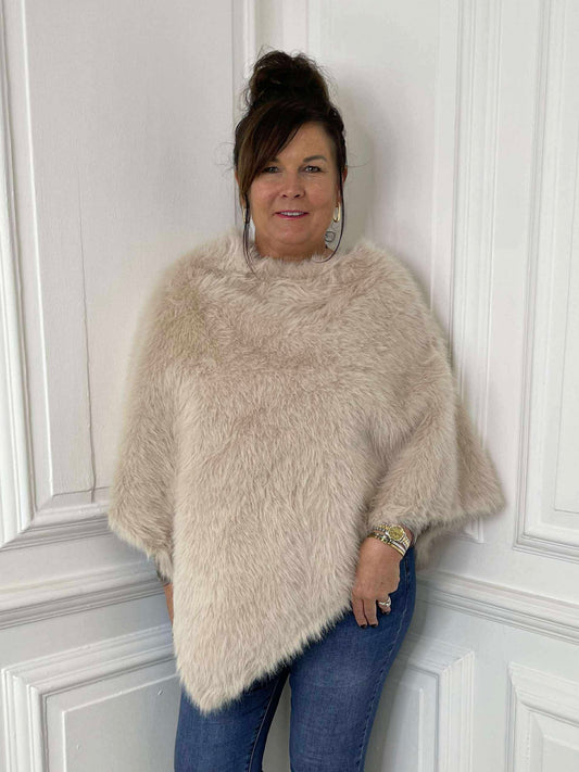 Faux Fur Poncho - Stone