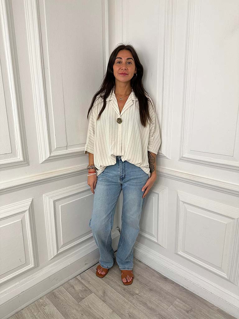 Pinstripe Button Top - Ecru