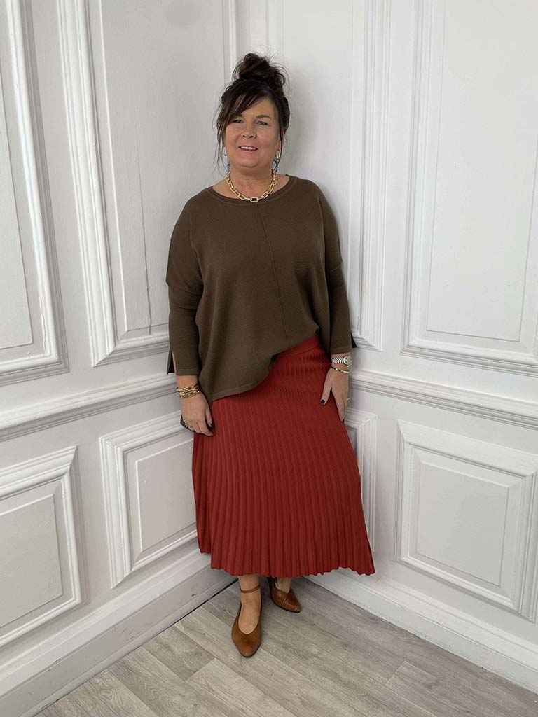 Ribbed Knit A-Line Skirt - Rust
