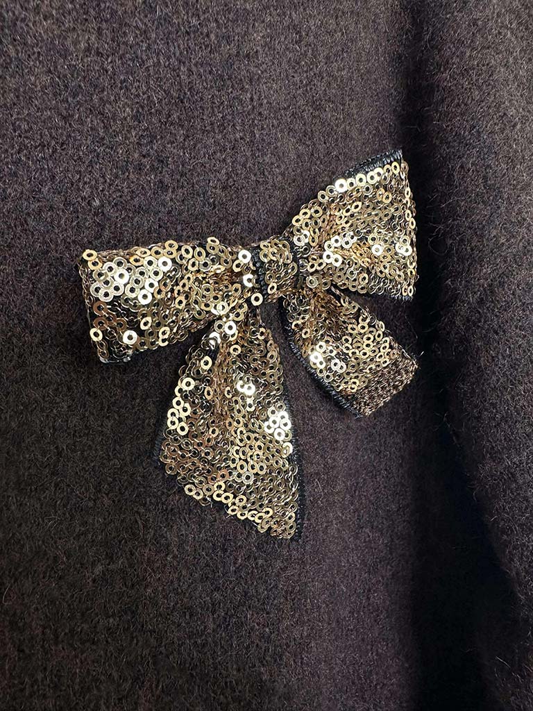 Gold Sequin Bow Knit - Chocolate
