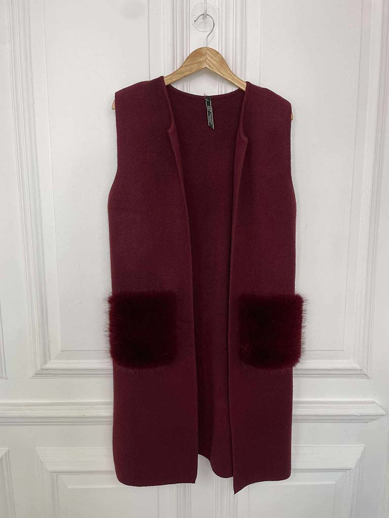 Faux Fur Pocket Knit Waistcoat - Bordeaux