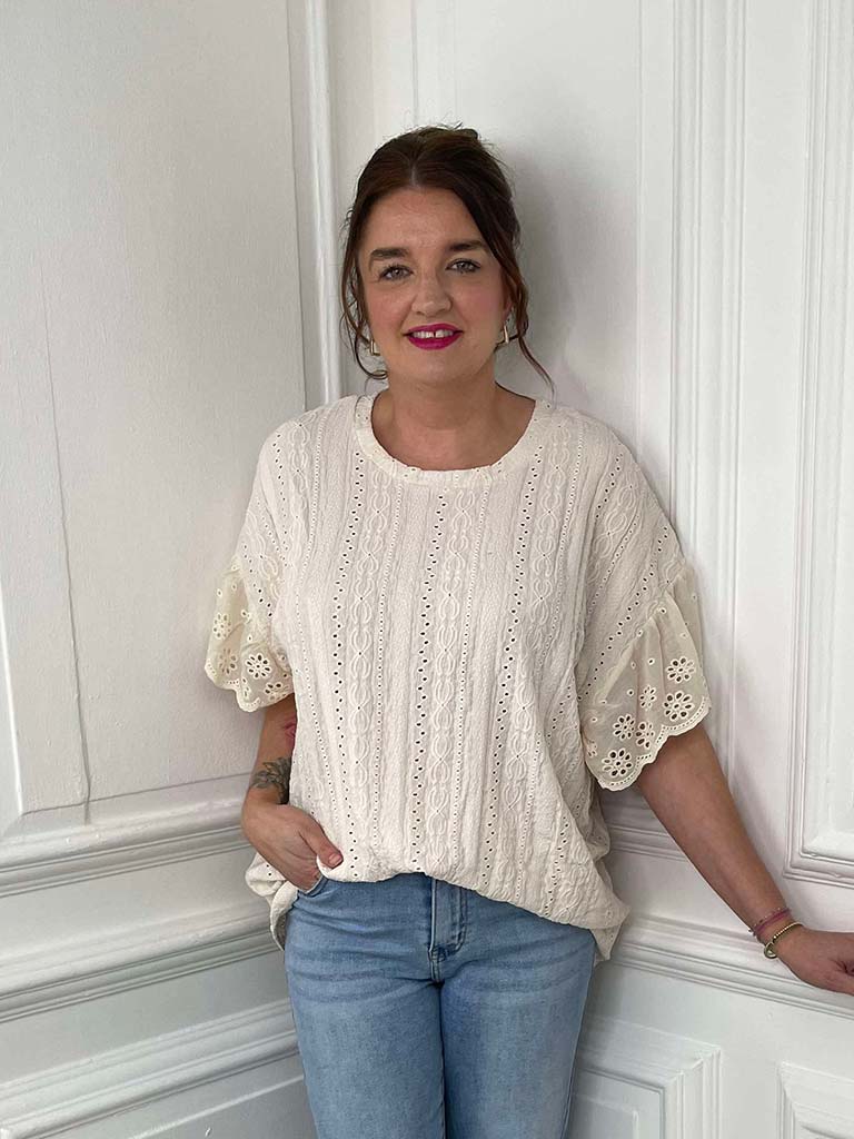 Broderie Anglaise Frill Sleeve Tee - Ecru