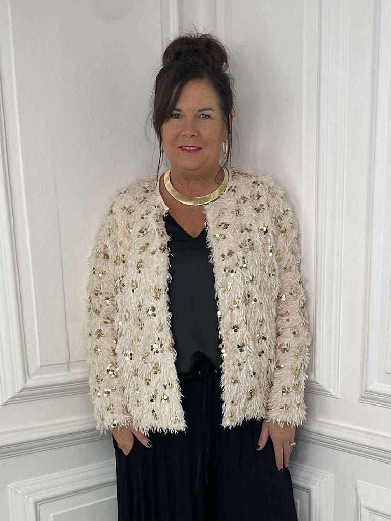 Faux Feather Sequin Jacket - Ecru