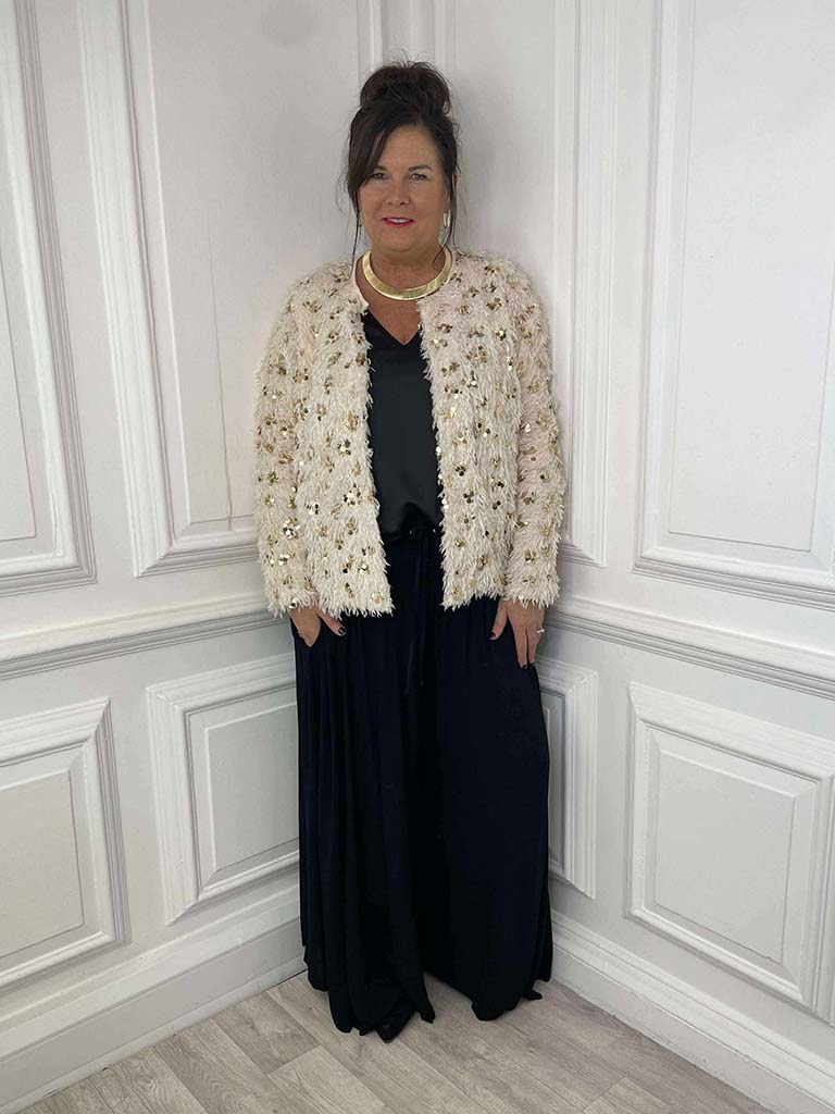 Faux Feather Sequin Jacket - Ecru