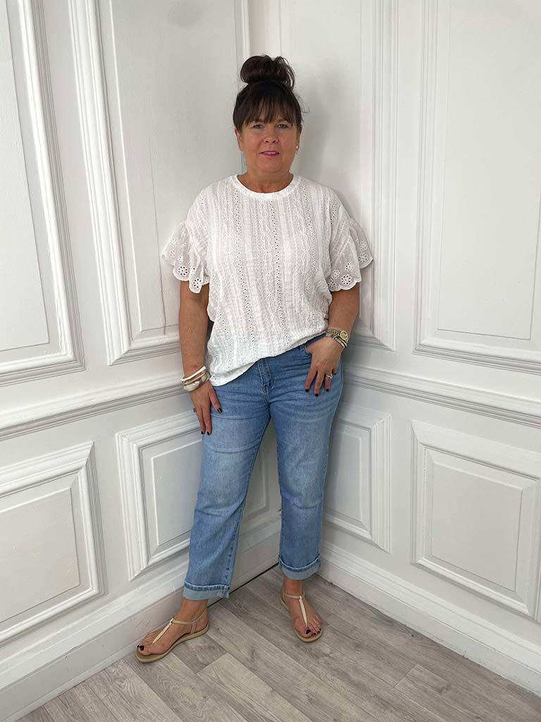Broderie Anglaise Frill Sleeve Tee - White