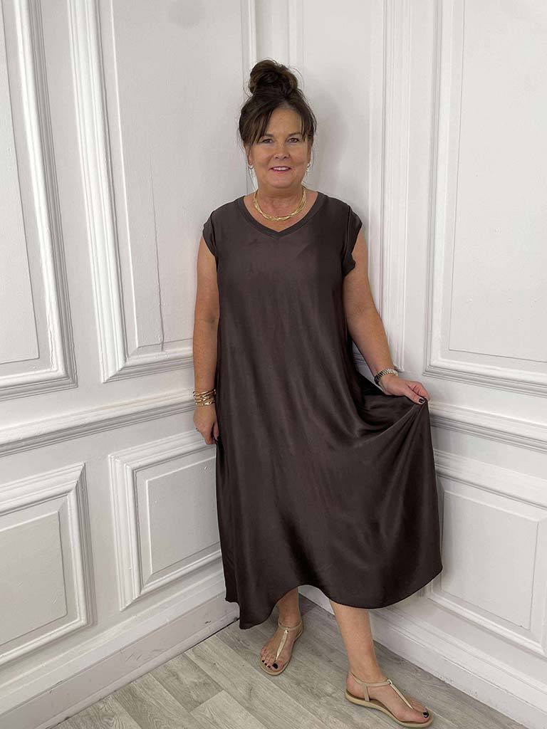 Silk Feel Midi Dress - Chocolate