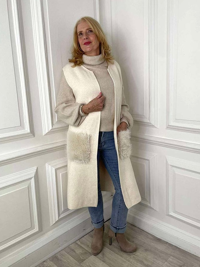 Faux Fur Pocket Knit Waistcoat - Cream