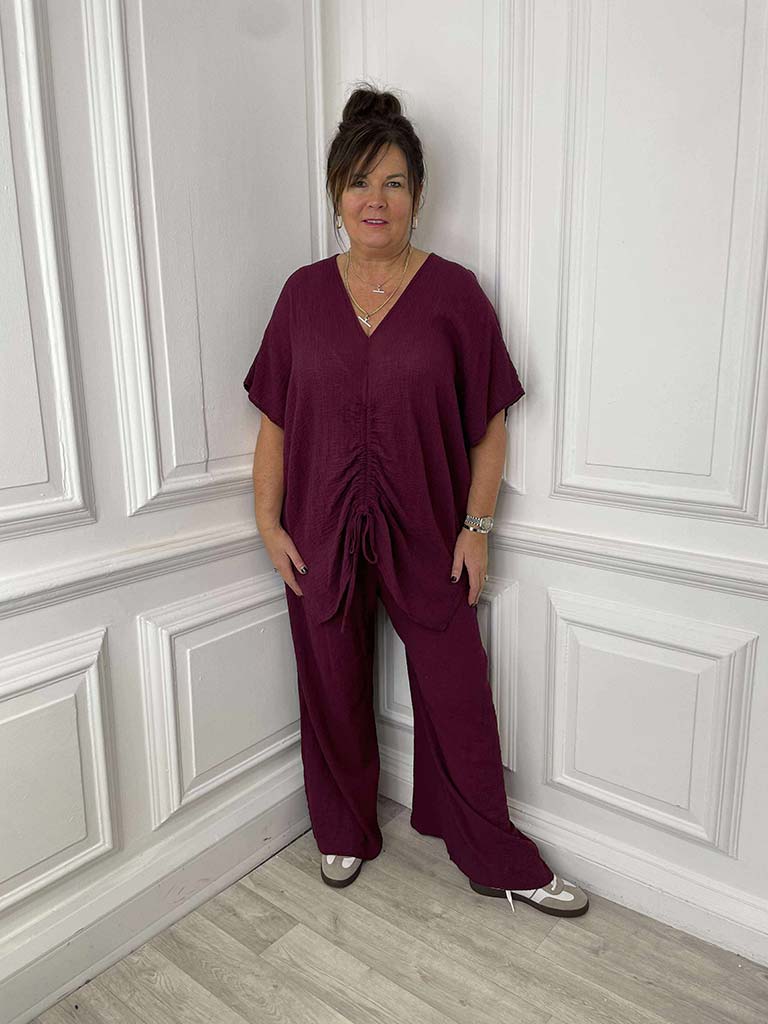 Seersucker Wide Leg Trousers - Mulberry