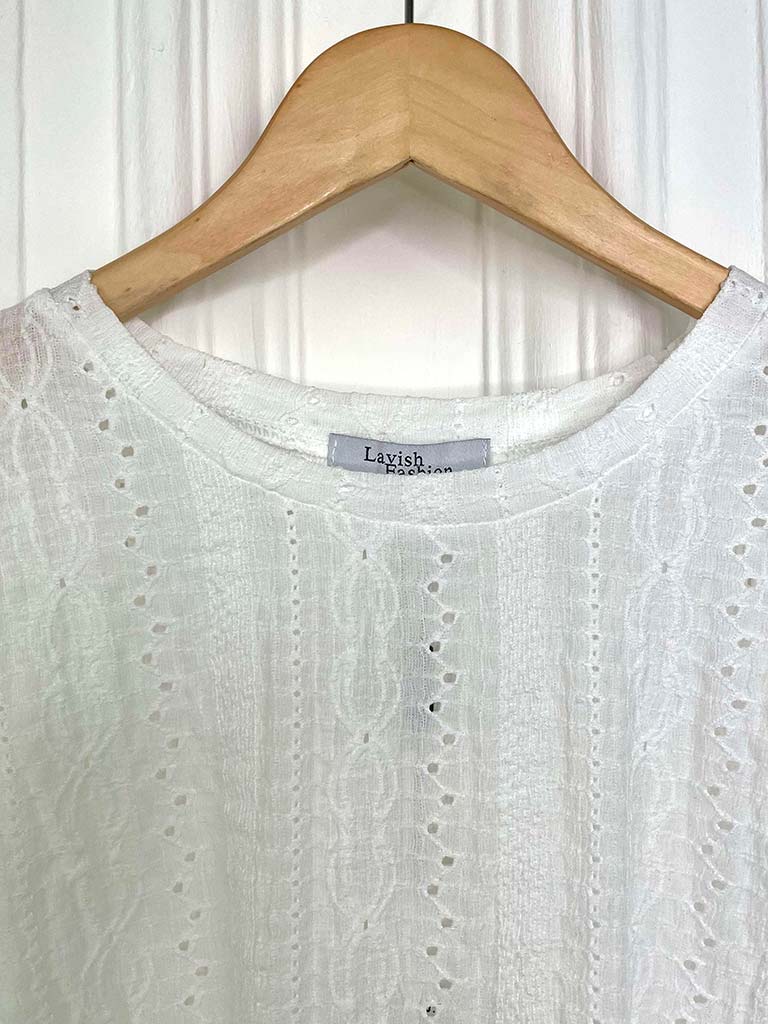 Broderie Anglaise Frill Sleeve Tee - White