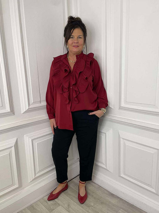Plissé Ruffle Shirt - Ruby