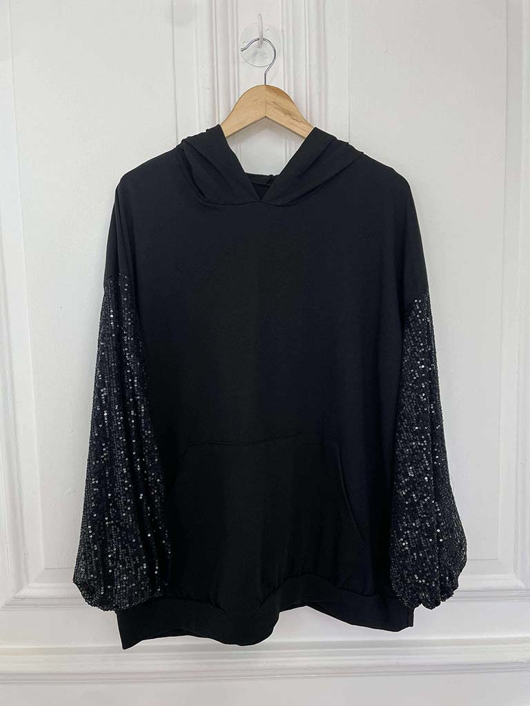 Sequin Sleeve Hoodie - Black