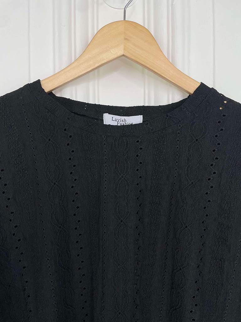 Broderie Anglaise Frill Sleeve Tee - Black