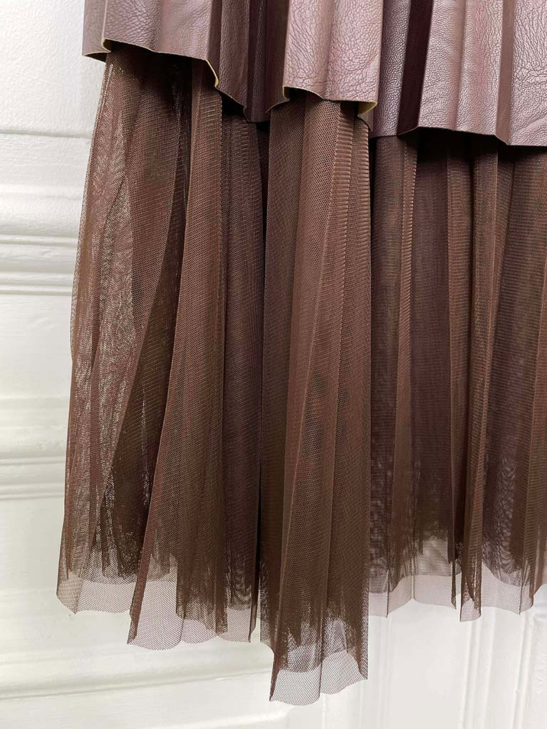 Faux Leather & Tulle Pleat Skirt - Chocolate