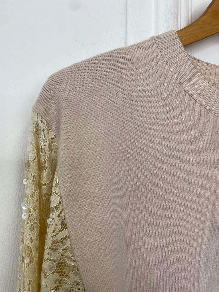 Sequin Lace Sleeve Knit - Biscuit