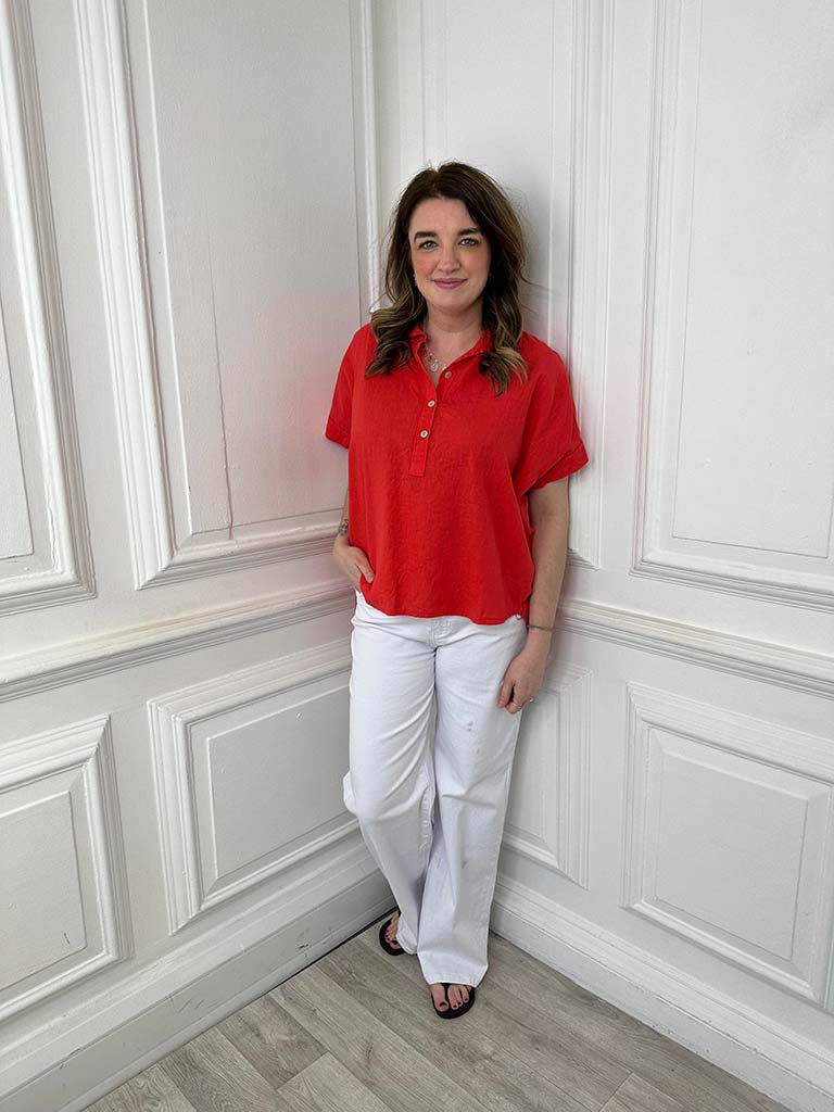 Cotton & Linen Popover Shirt - Lipstick Red
