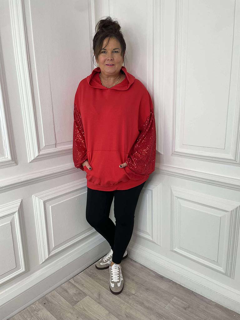 Sequin Sleeve Hoodie - Scarlet