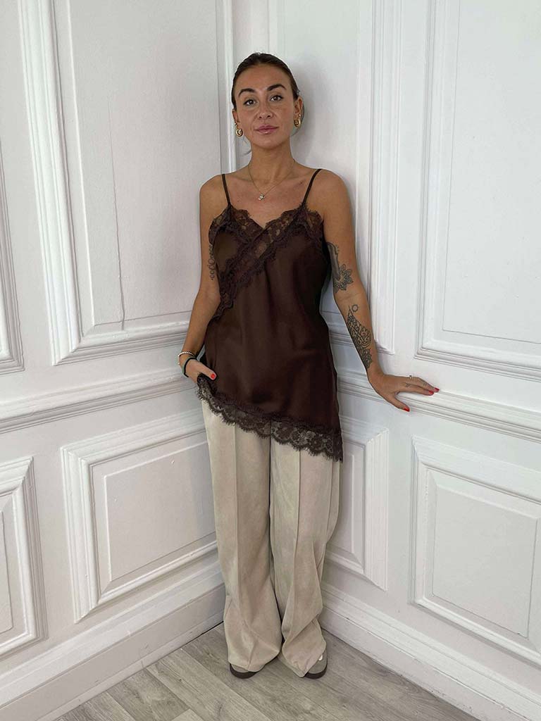 Lace Trim Asymmetric Cami Top - Chocolate