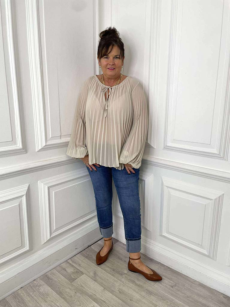 Pleat Balloon Sleeve Top - Stone