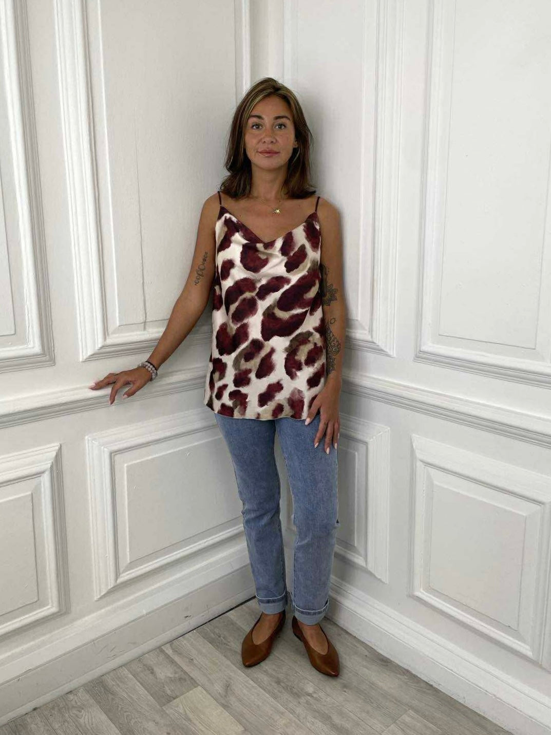 Leopard Draped Cami - Burgundy