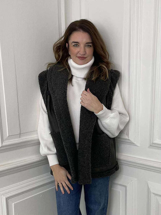 Faux Shearling Gilet - Gun Metal