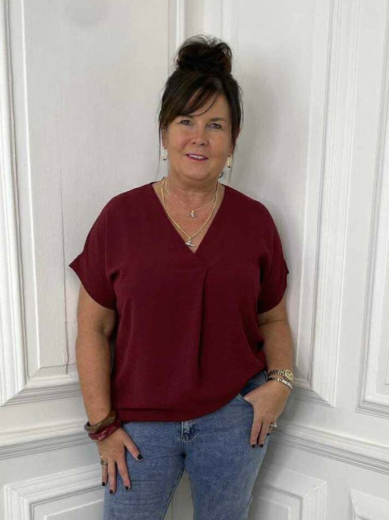 V-Neck Pleat Front Top - Burgundy