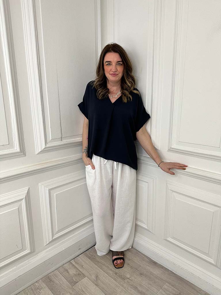 V-Neck Pleat Front Top - Navy