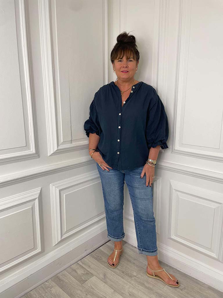 Cotton & Linen Peasant Top - Navy
