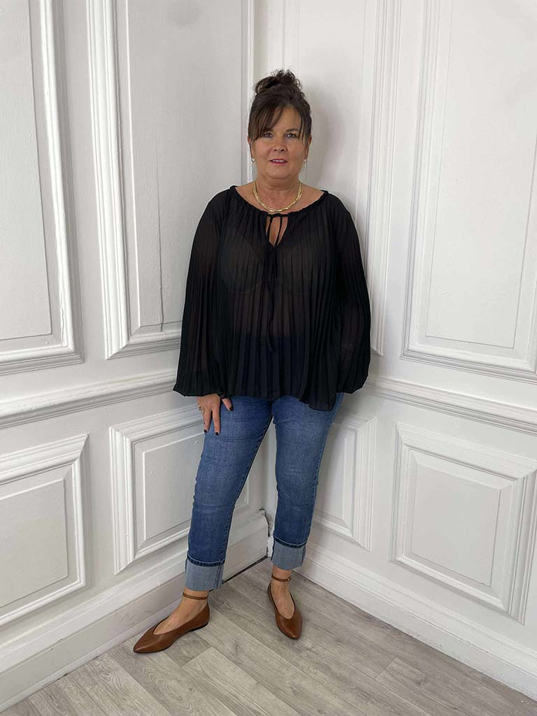 Pleat Balloon Sleeve Top - Black