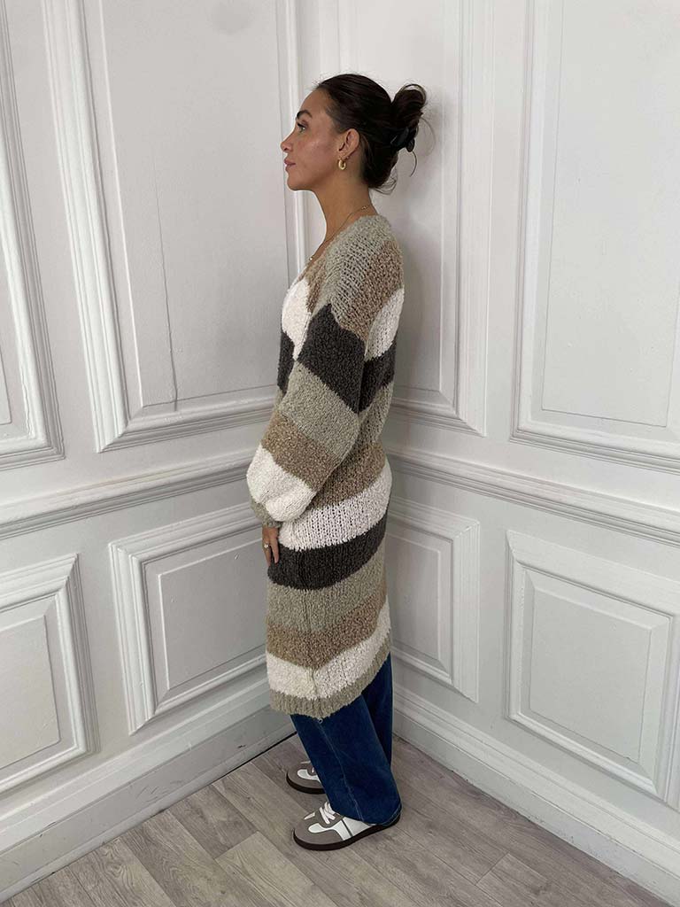 Teddy Stripe Cardigan - Stone & Mocha