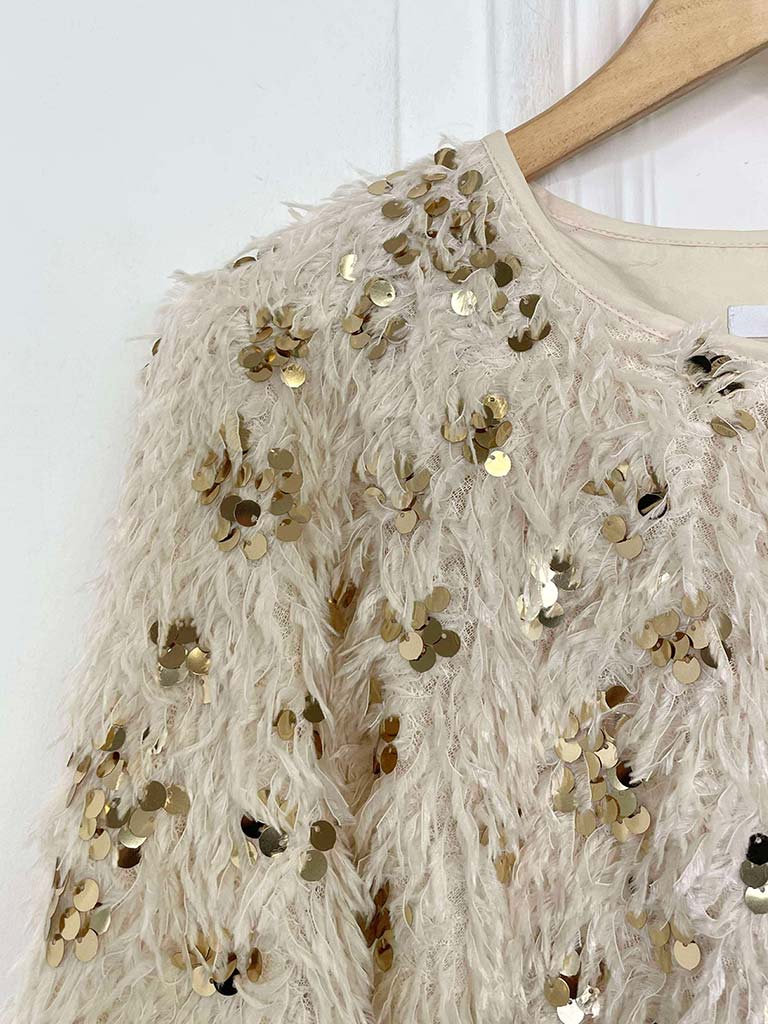 Cropped Faux Feather Sequin Jacket - Ecru