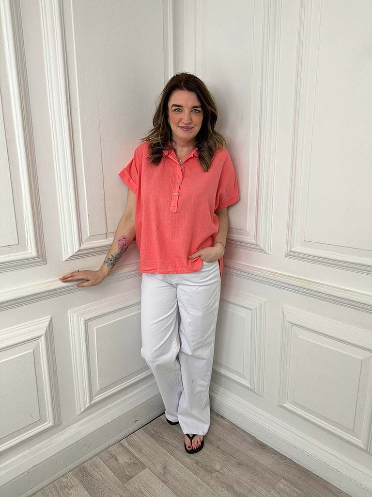 Cotton & Linen Popover Shirt - Coral