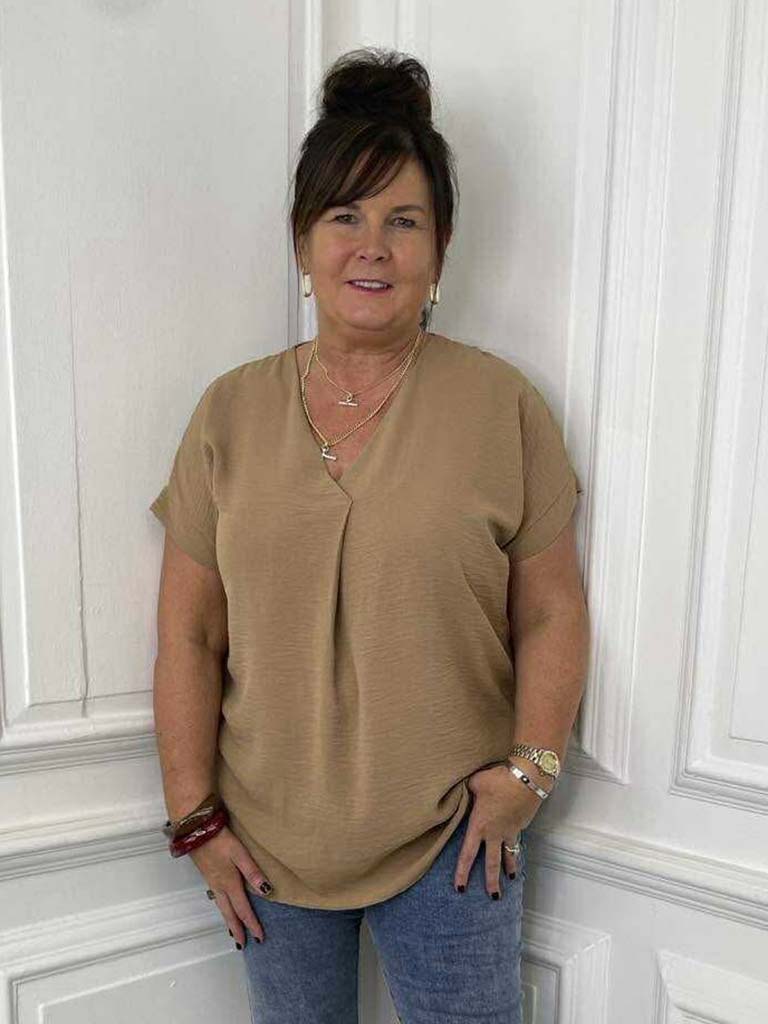 V-Neck Pleat Front Top - Caramel
