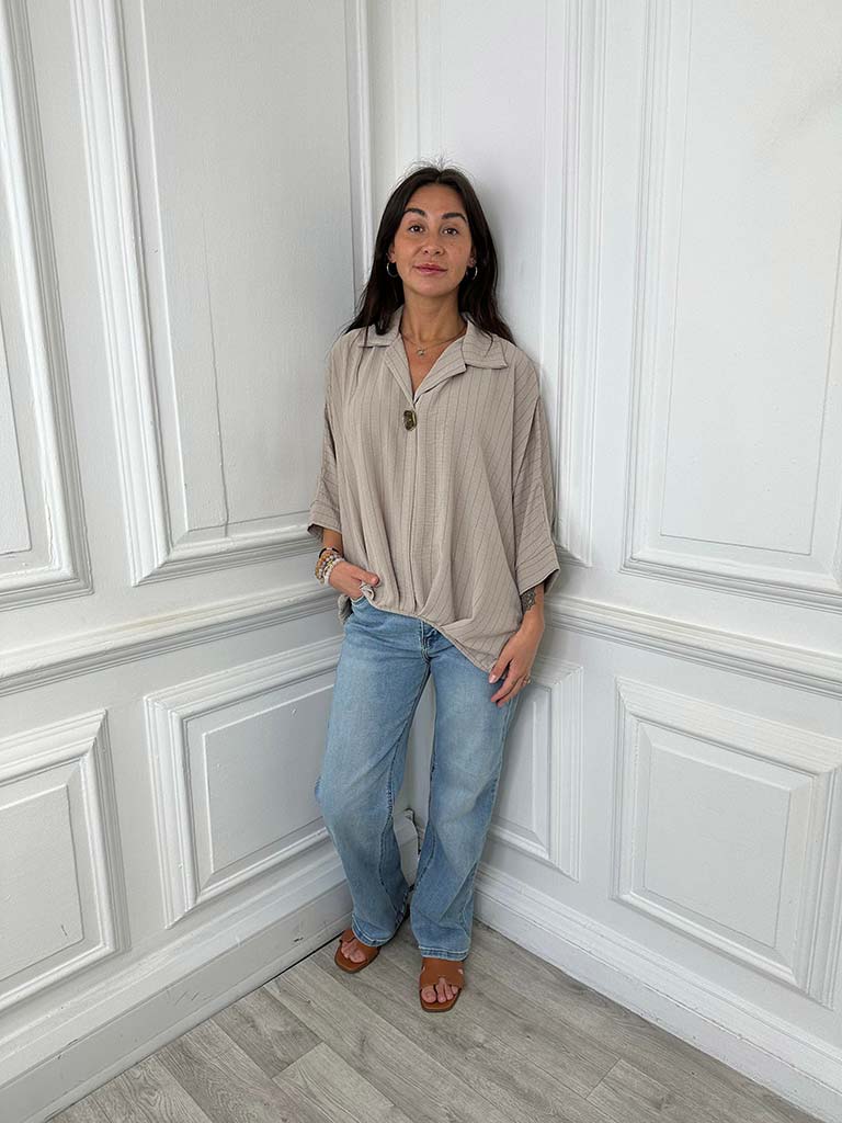 Pinstripe Button Top - Latte