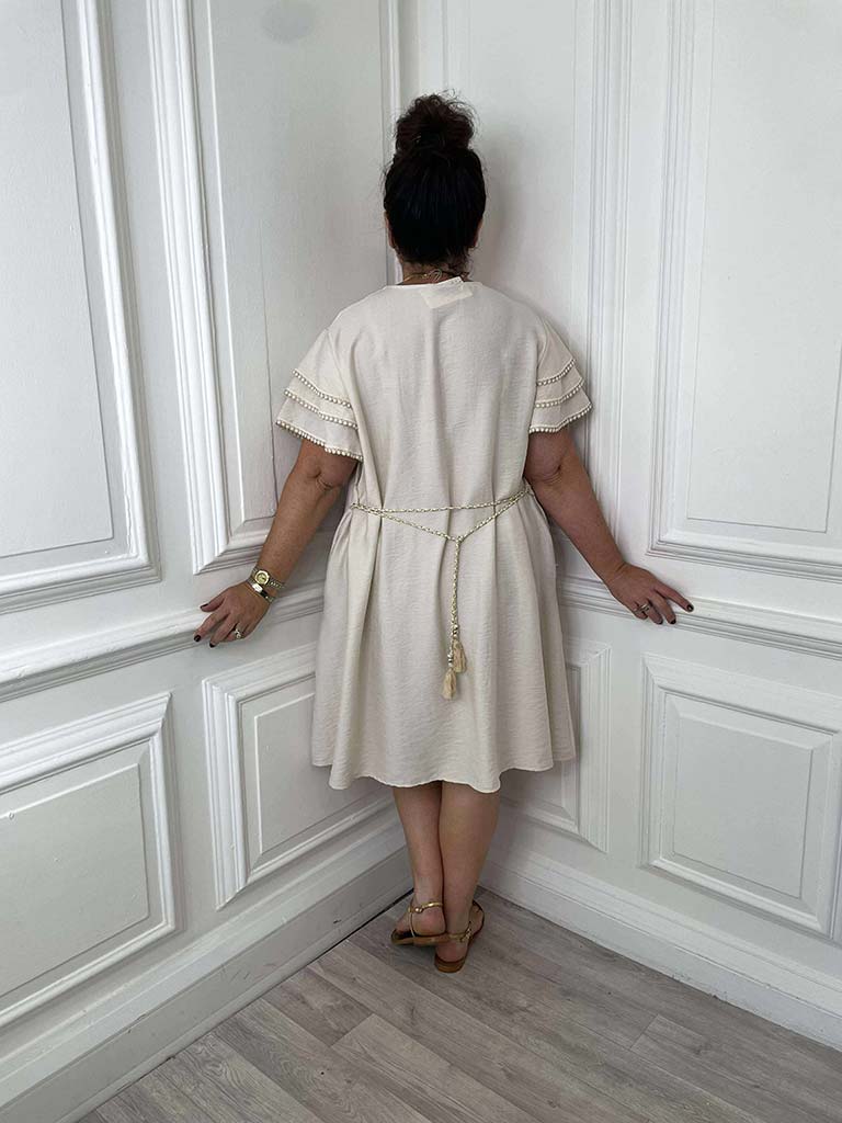 Crochet Frill Sleeve Dress - Ecru