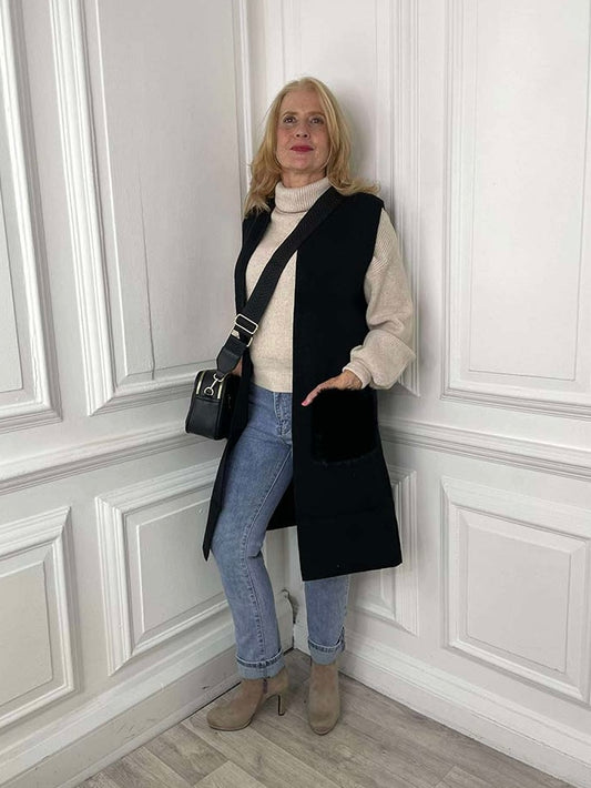 Faux Fur Pocket Knit Waistcoat - Black