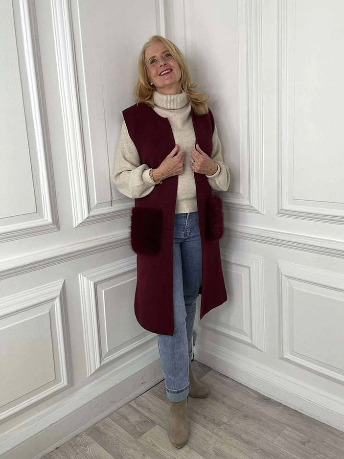 Faux Fur Pocket Knit Waistcoat - Bordeaux