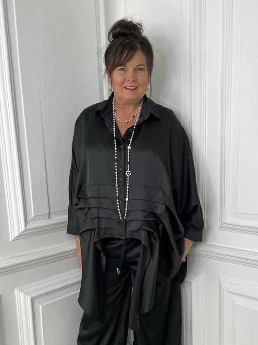 Malissa J Silk Feel Pleat Detail Shirt - Black