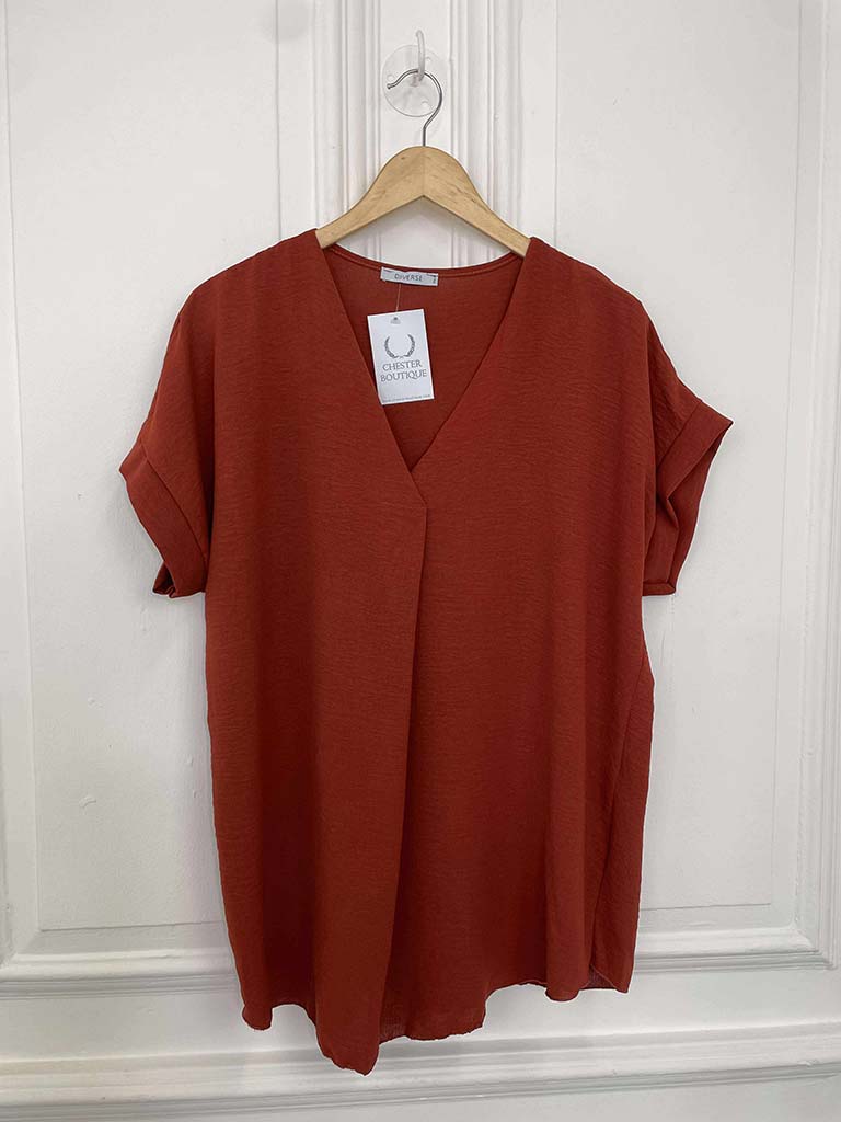 V-Neck Pleat Front Top - Rust
