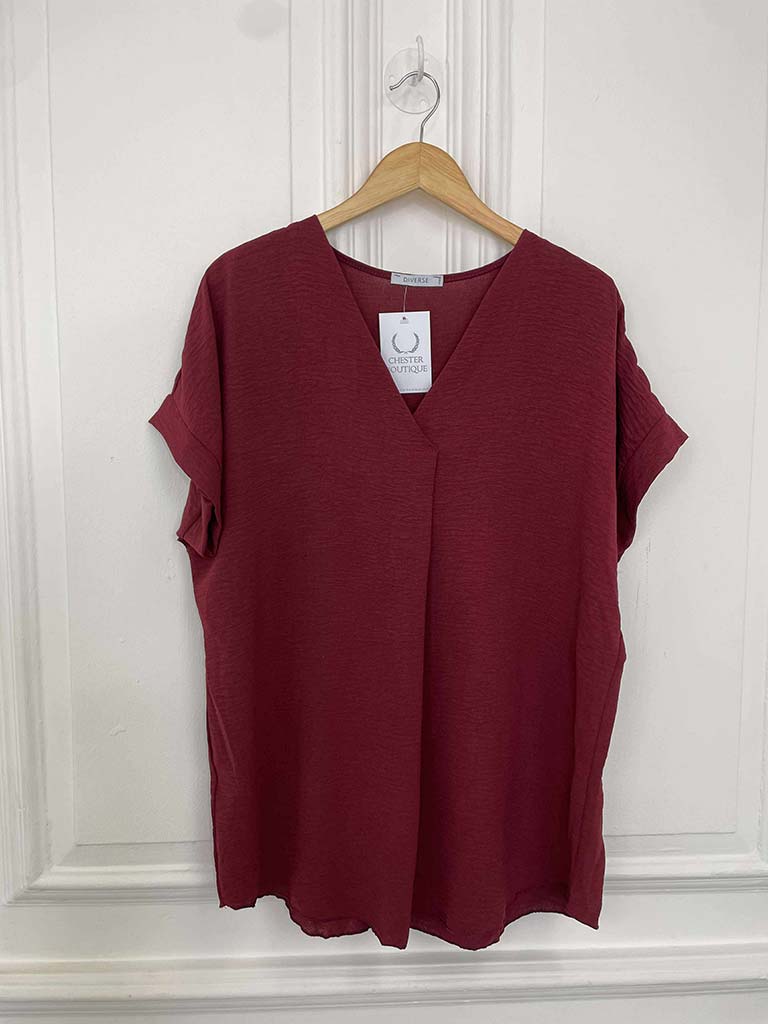 V-Neck Pleat Front Top - Burgundy