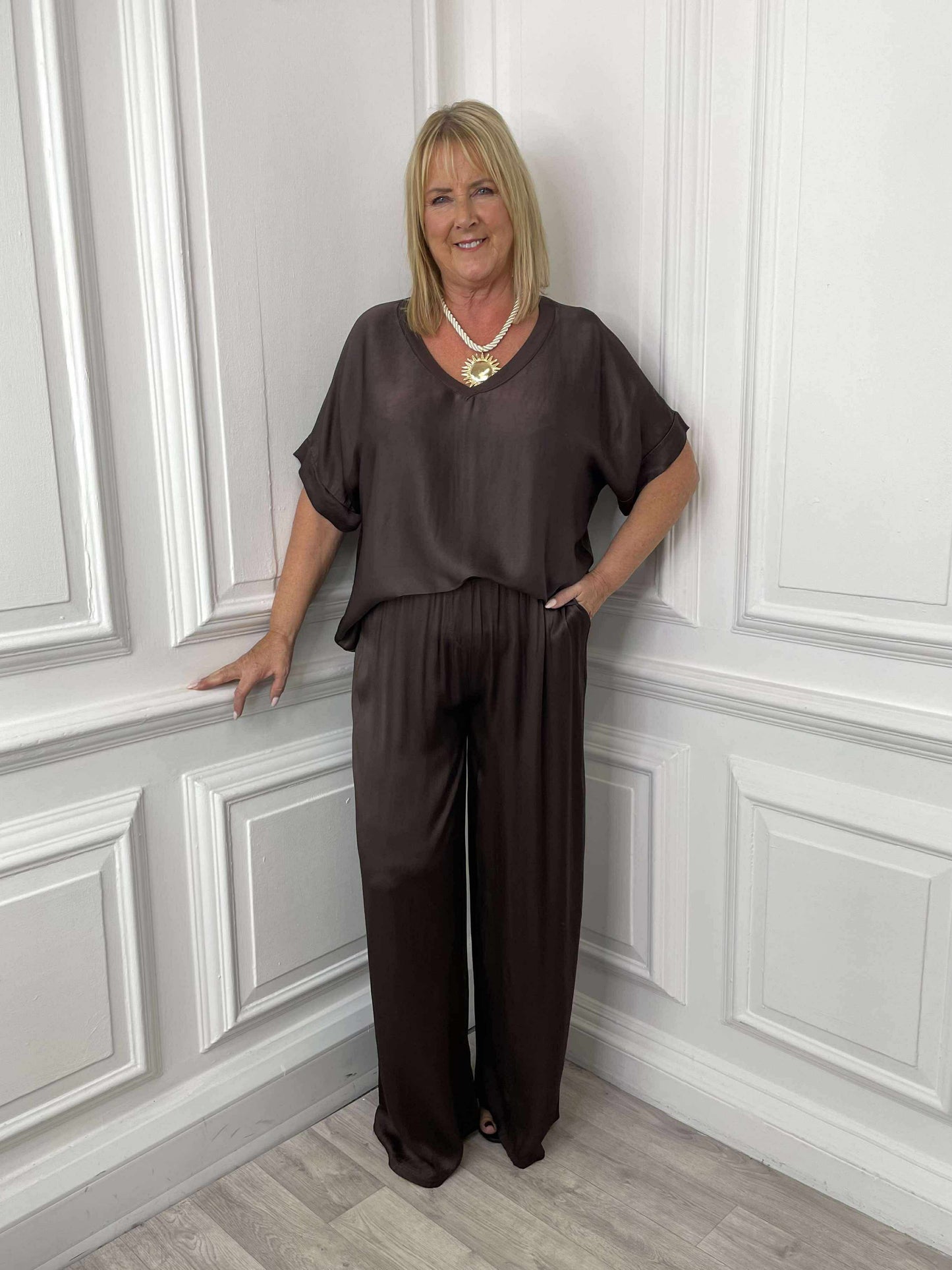 Silk Feel V-Neck Top - Chocolate