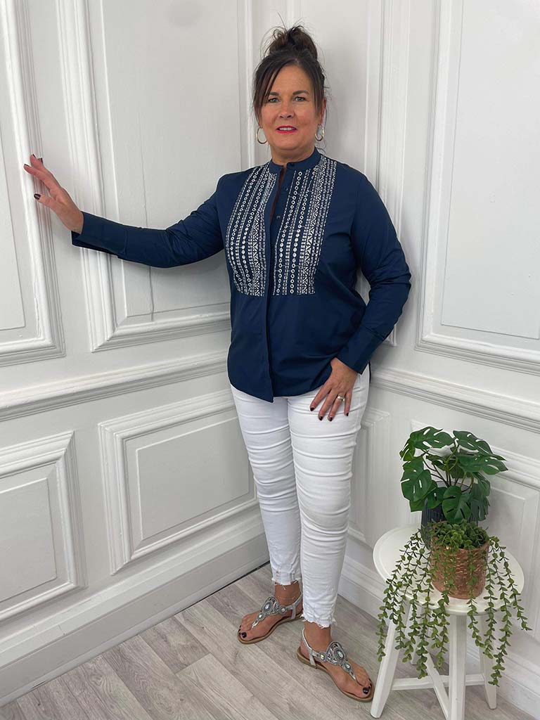 Poplin Broderie Anglaise Shirt - Navy